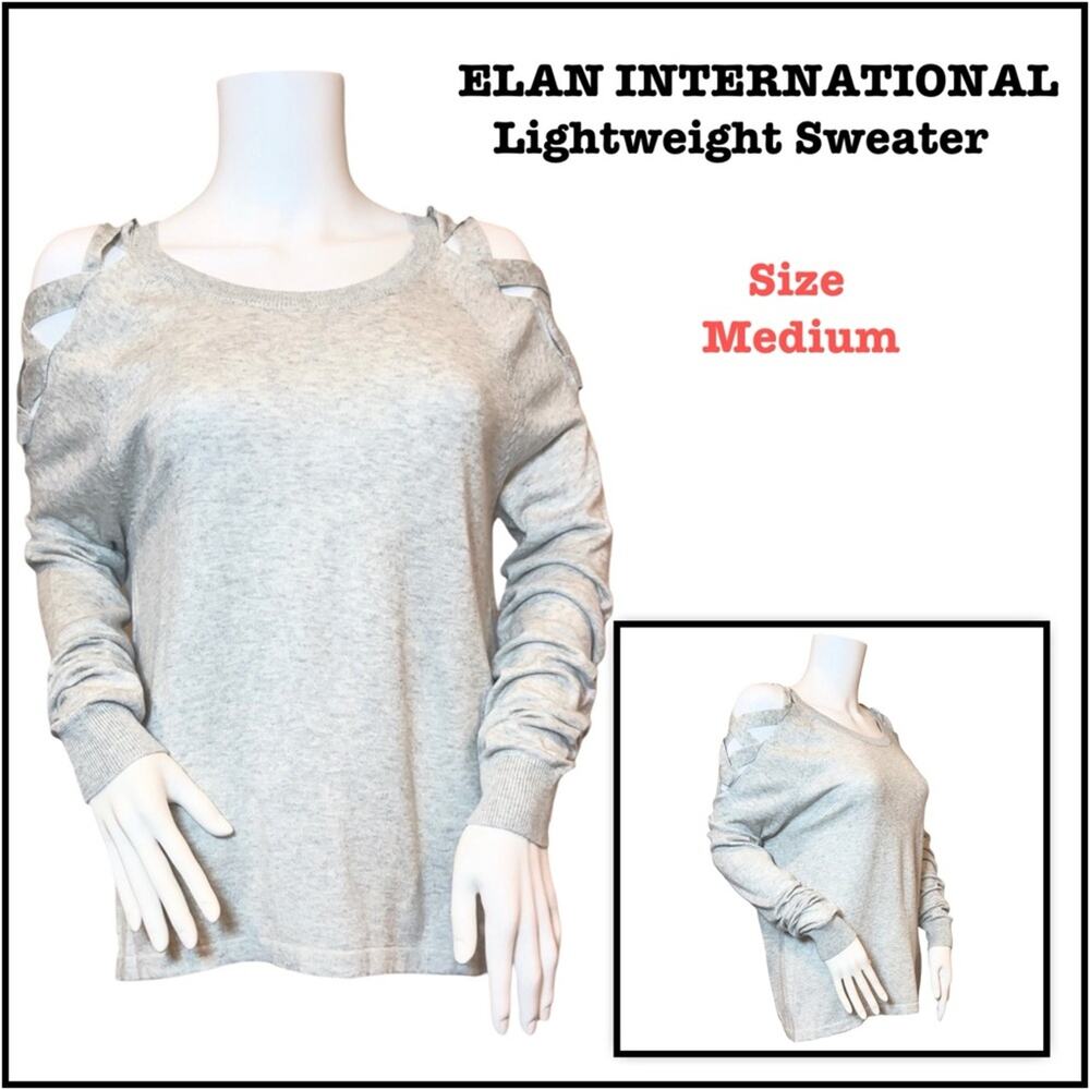 #T75 Elan International Lattice Shoulder Lightweight Grey Sweater SZ M $98